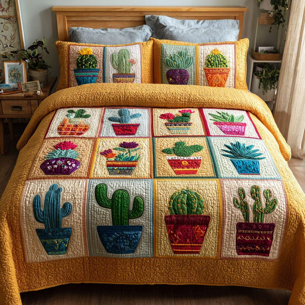 Adobe Sunset quilted 3-piece bedding set on a made bed with two matching pillow shams