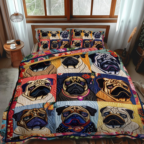 Adorable Baby Pugs quilted 3-piece bedding set on a made bed with two matching pillow shams