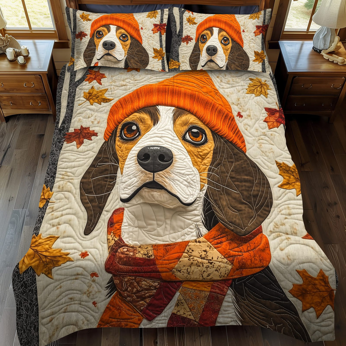 Adorable Beagle quilted 3-piece bedding set on a made bed with two matching pillow shams