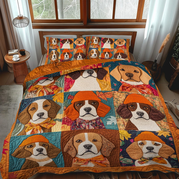 Adorable Beagle quilted 3-piece bedding set on a made bed with two matching pillow shams