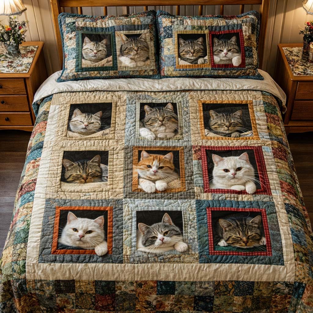 Adorable Cats quilted 3-piece bedding set on a made bed with two matching pillow shams