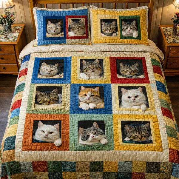 Adorable Cats quilted 3-piece bedding set on a made bed with two matching pillow shams