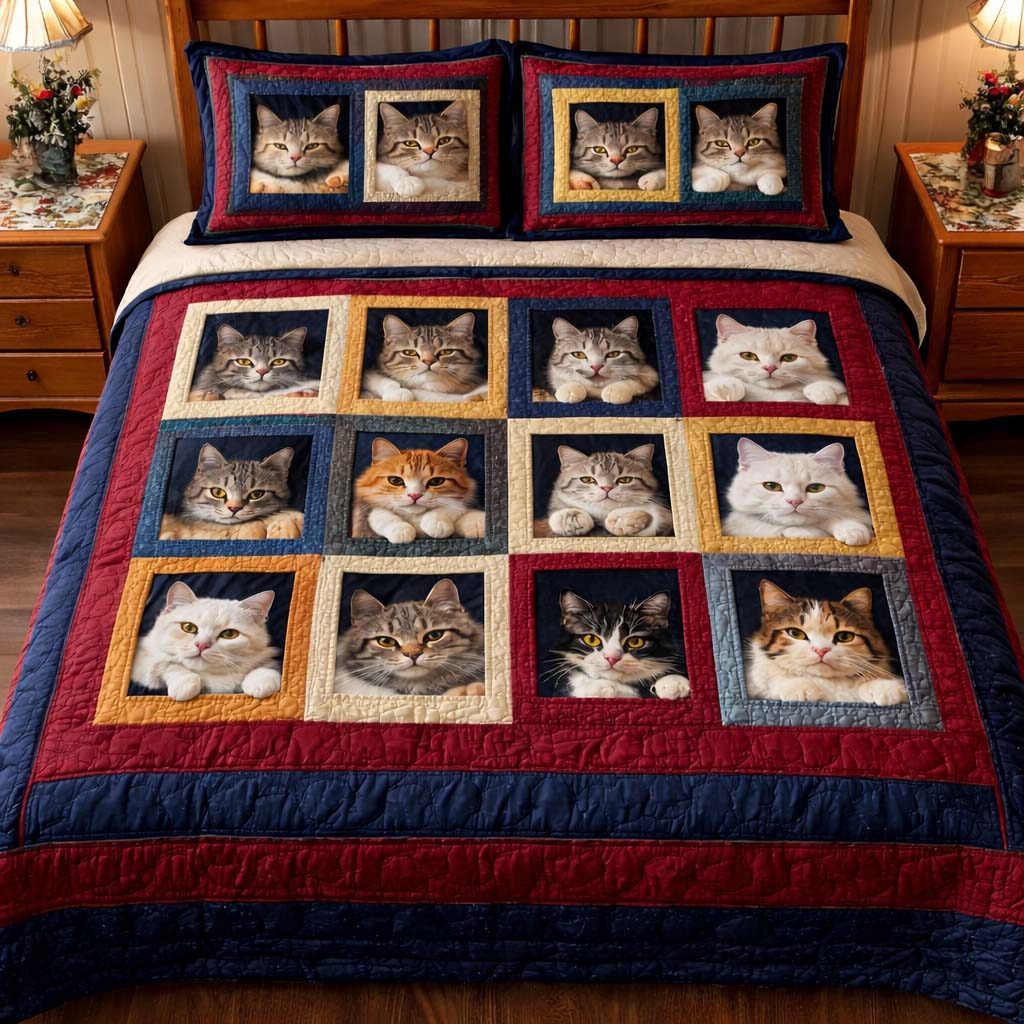 Adorable Cats quilted 3-piece bedding set on a made bed with two matching pillow shams