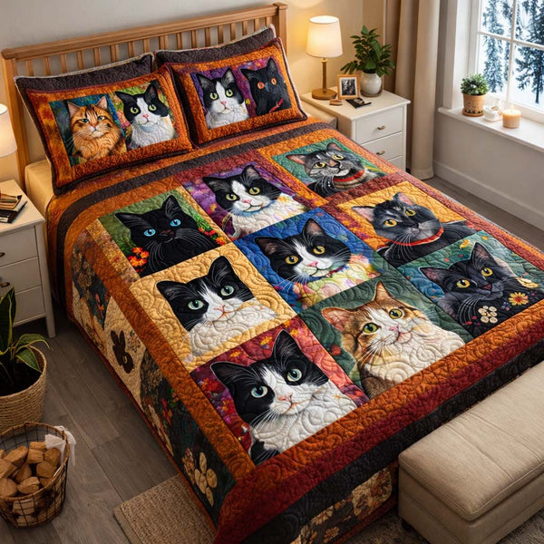 Adorable Cats quilted 3-piece bedding set on a made bed with two matching pillow shams
