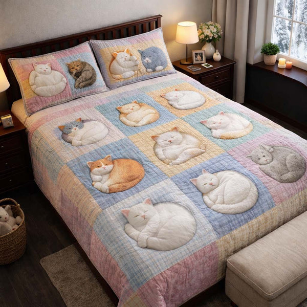 Adorable Cats quilted 3-piece bedding set on a made bed with two matching pillow shams