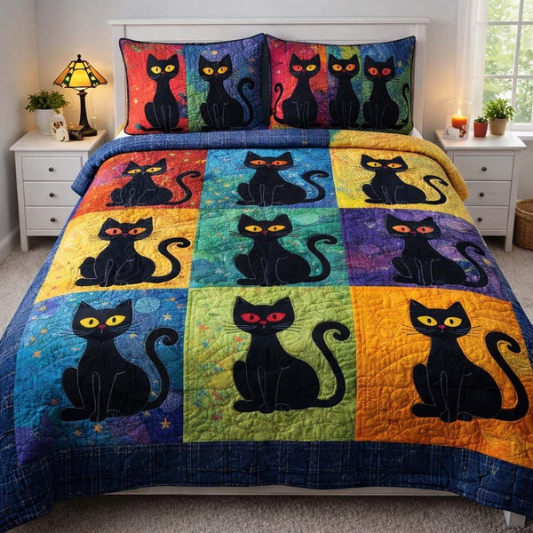 Adorable Cats quilted 3-piece bedding set on a made bed with two matching pillow shams