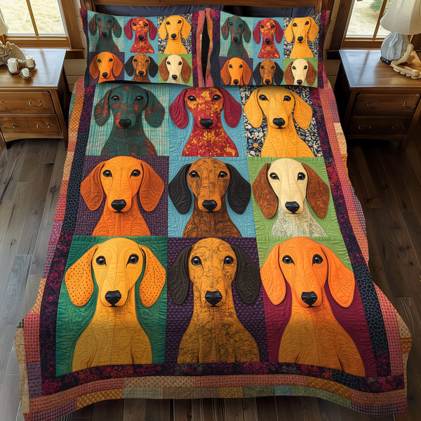 Adorable Dachshund quilted 3-piece bedding set on a made bed with two matching pillow shams