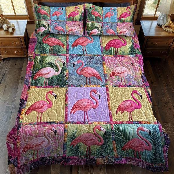 Adorable Flamingo quilted 3-piece bedding set on a made bed with two matching pillow shams