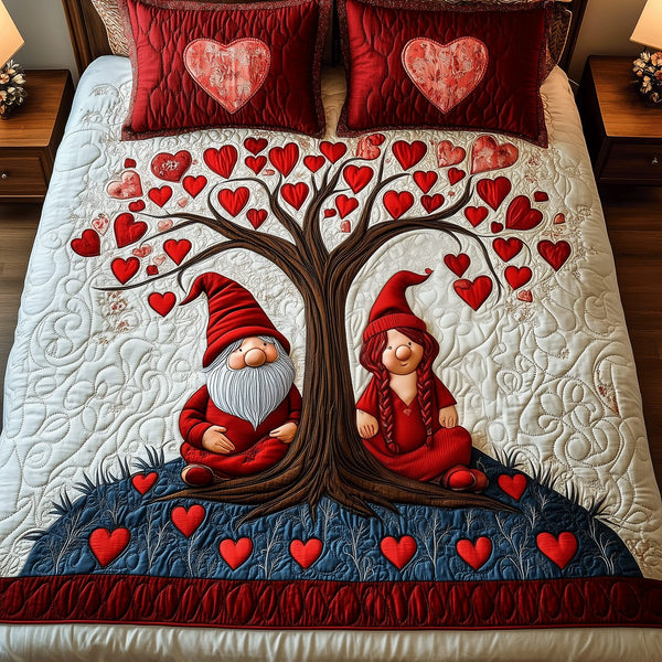 Adorable Gnome Love quilted 3-piece bedding set on a made bed in a winter-styled bedroom