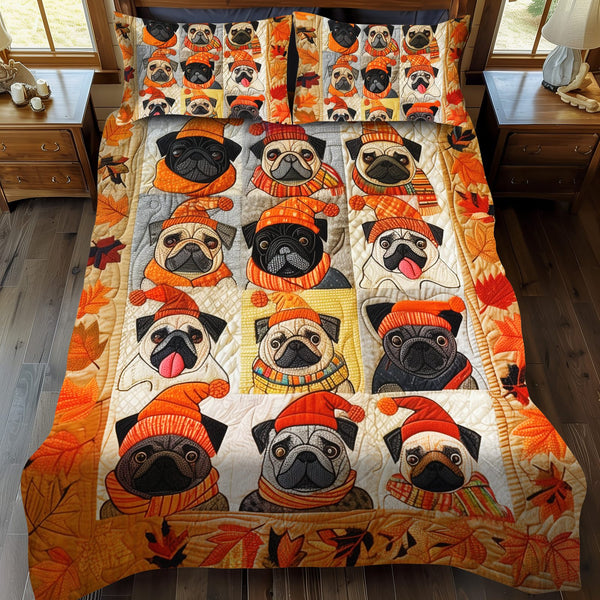 Adorable Pug quilted 3-piece bedding set on a made bed with two matching pillow shams