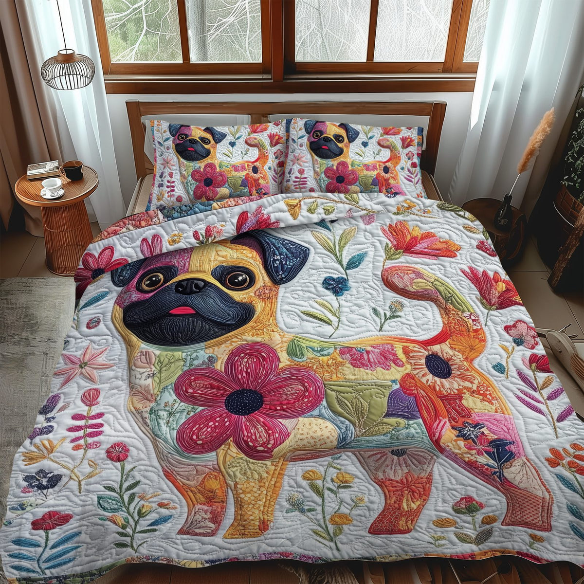 Adorable Pug quilted 3-piece bedding set on a made bed with two matching pillow shams