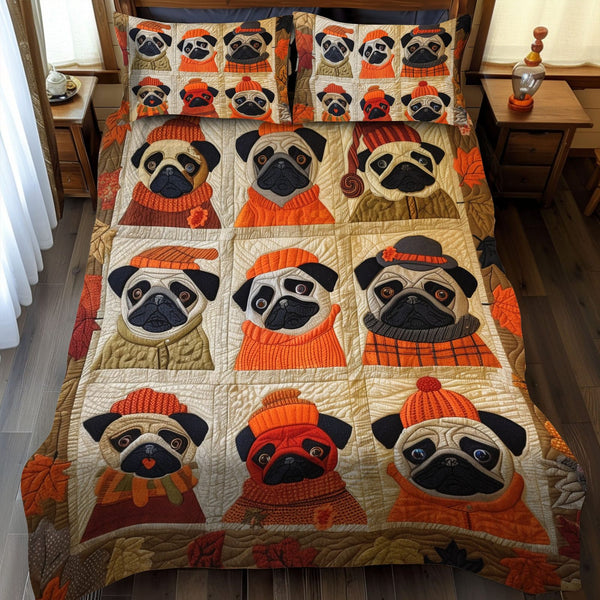 Adorable Pugs quilted 3-piece bedding set on a made bed with two matching pillow shams