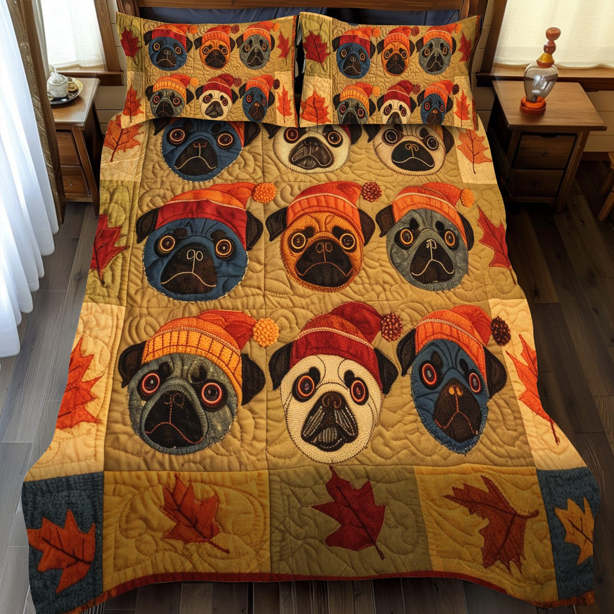 Adorable Pugs quilted 3-piece bedding set on a made bed with two matching pillow shams
