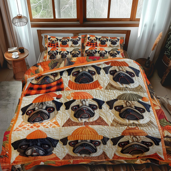 Adorable Pugs quilted 3-piece bedding set on a made bed with two matching pillow shams