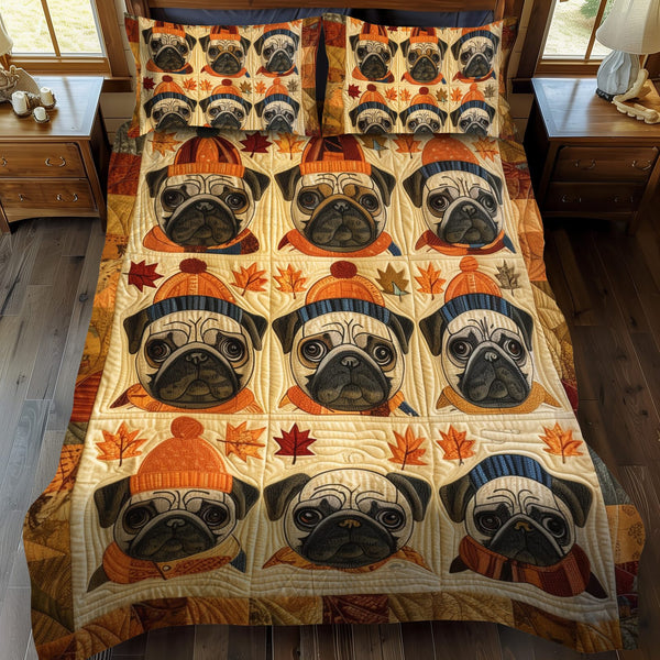 Adorable Pugs quilted 3-piece bedding set on a made bed with two matching pillow shams