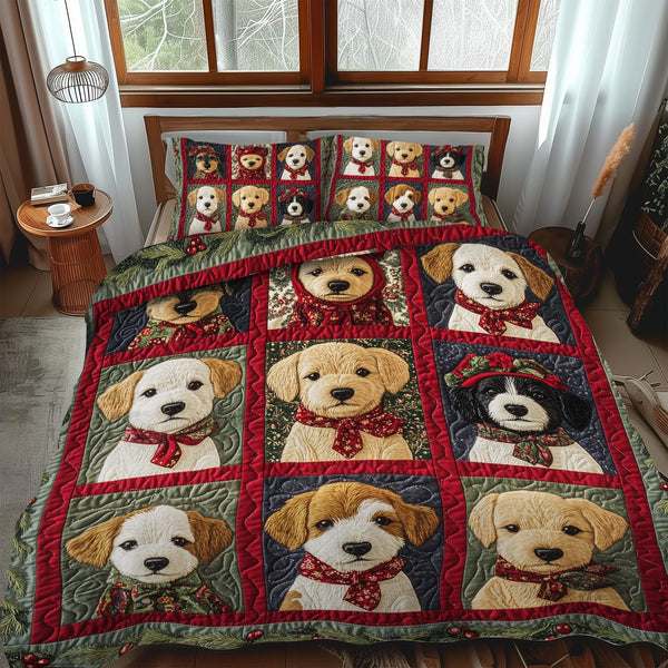 Adorable Puppy Snowflakes quilted 3-piece bedding set on a made bed in a winter-styled bedroom
