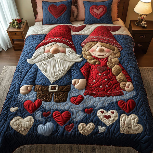 Adoring Gnome Pair quilted 3-piece bedding set on a made bed in a winter-styled bedroom