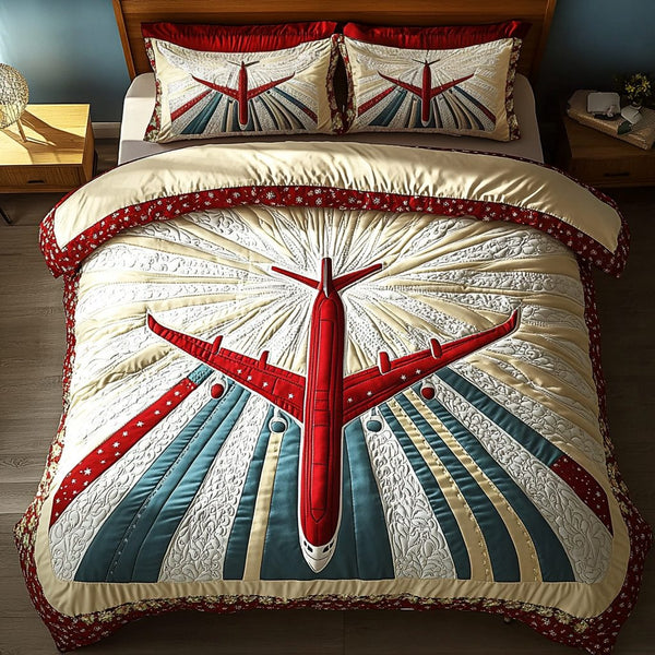 Adventure Airplane quilted 3-piece bedding set on a made bed in a winter-styled bedroom
