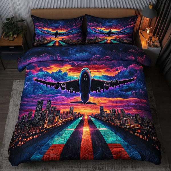 Adventure Airplane quilted 3-piece bedding set on a made bed in a winter-styled bedroom