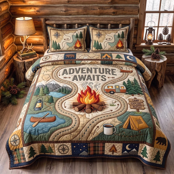 Adventure Awaits quilted 3-piece bedding set on a made bed in a winter-styled bedroom