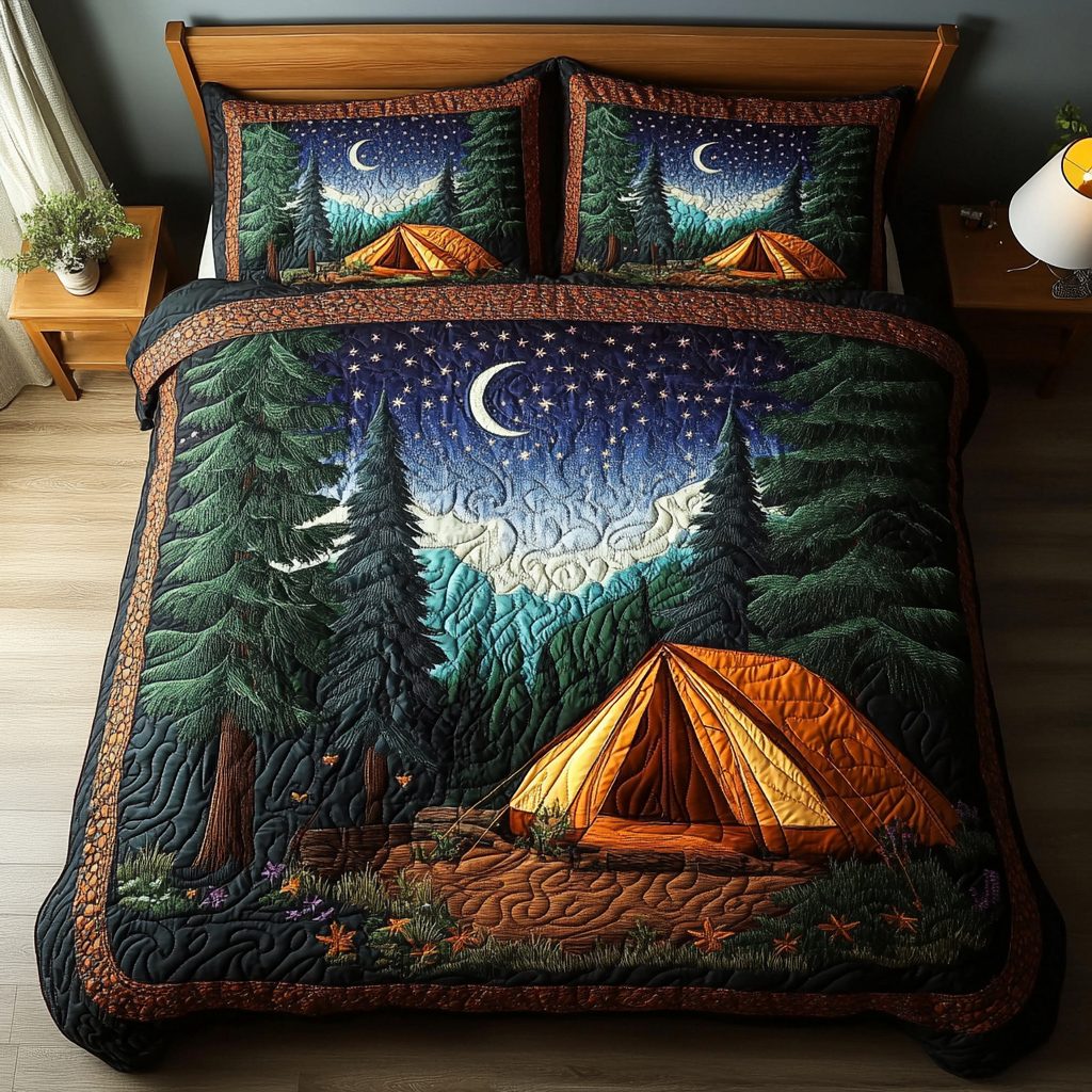 Adventure Awaits quilted 3-piece bedding set on a made bed in a winter-styled bedroom
