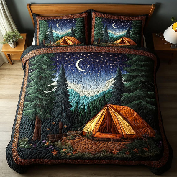 Adventure Awaits quilted 3-piece bedding set on a made bed in a winter-styled bedroom