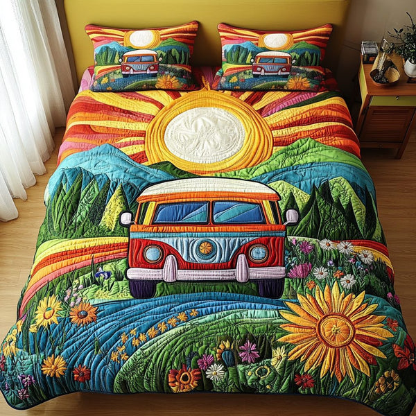 Adventure Awaits quilted 3-piece bedding set on a made bed in a winter-styled bedroom
