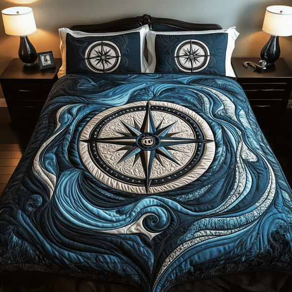 Adventure Awaits quilted 3-piece bedding set on a made bed in a winter-styled bedroom