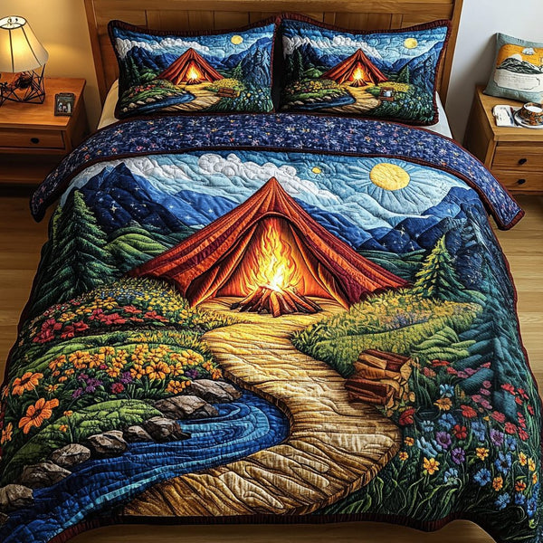 Adventure Awaits quilted 3-piece bedding set on a made bed in a winter-styled bedroom