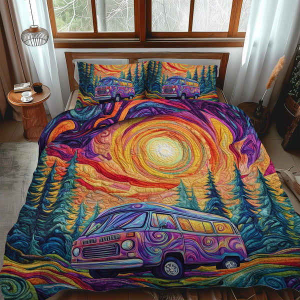 Adventure Awaits quilted 3-piece bedding set on a made bed in a winter-styled bedroom