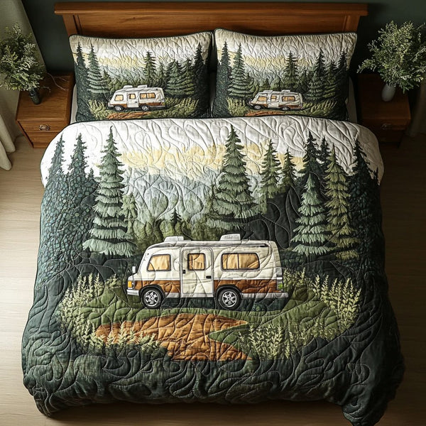 Adventure Bound quilted 3-piece bedding set on a made bed in a winter-styled bedroom