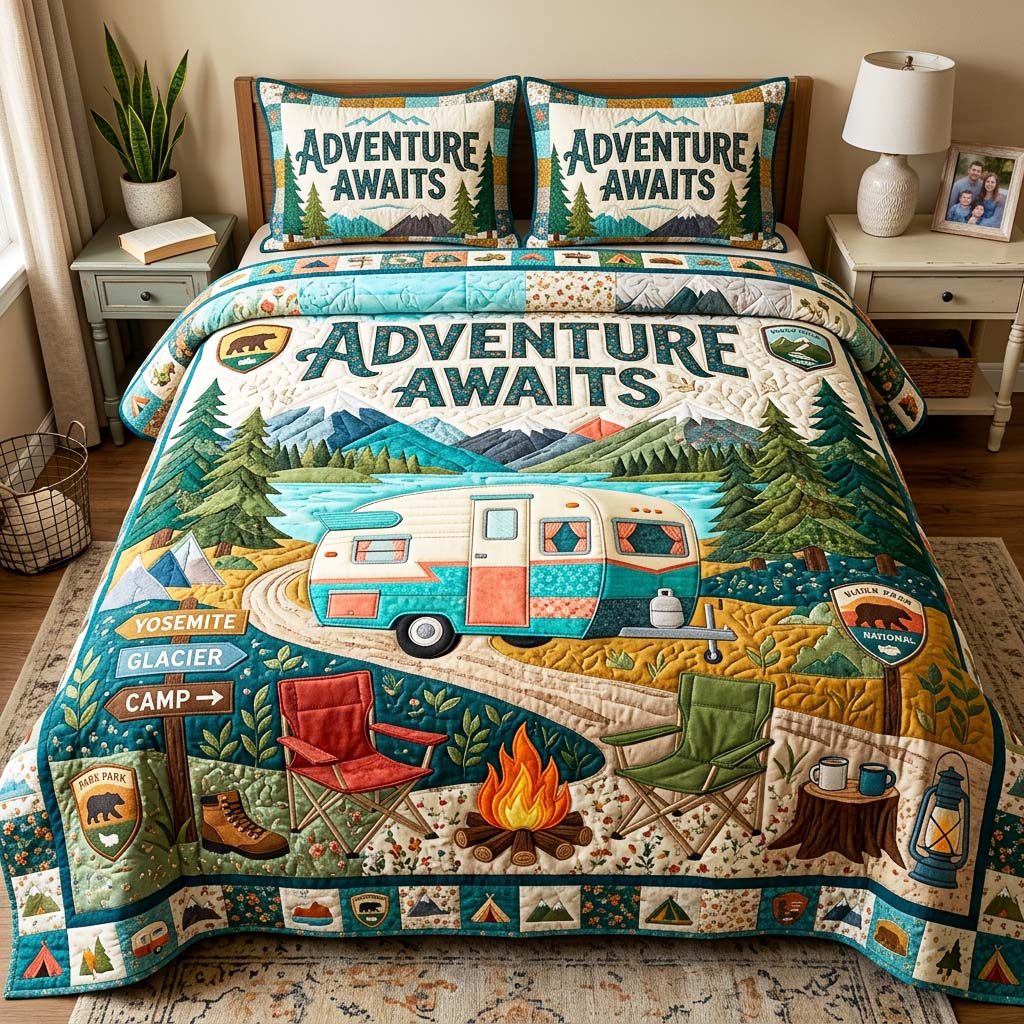 Adventure Camp quilted 3-piece bedding set on a made bed in a winter-styled bedroom