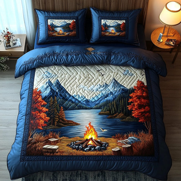 Adventure Camp quilted 3-piece bedding set on a made bed in a winter-styled bedroom
