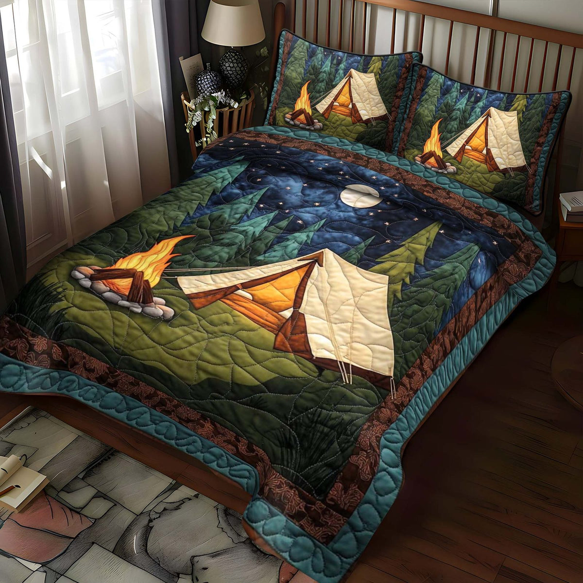 Adventure Camp quilted 3-piece bedding set on a made bed in a winter-styled bedroom