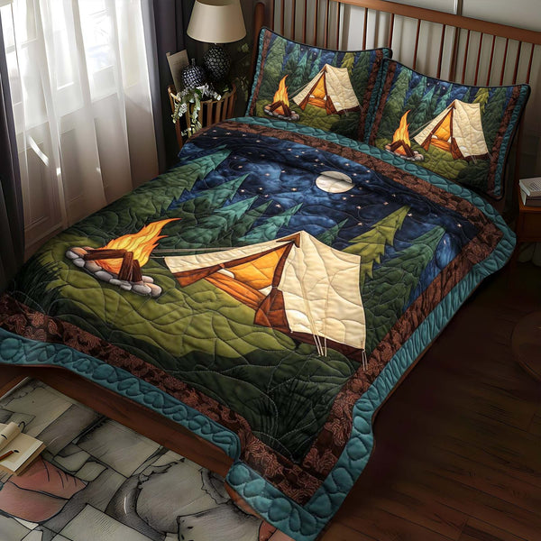 Adventure Camp quilted 3-piece bedding set on a made bed in a winter-styled bedroom
