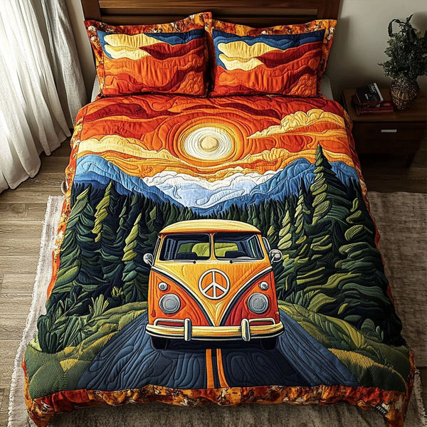 Adventure on Wheels quilted 3-piece bedding set on a made bed in a winter-styled bedroom