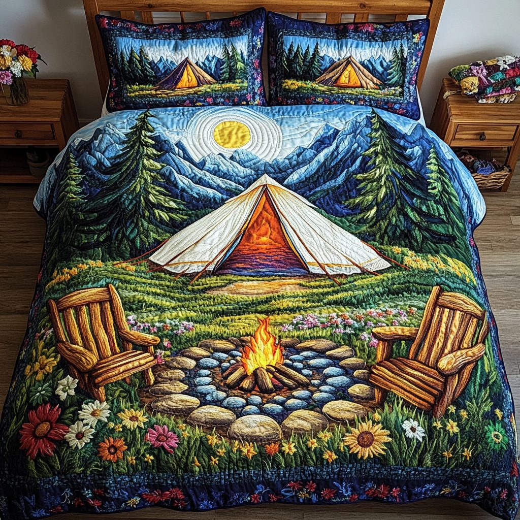 Adventure Spirit quilted 3-piece bedding set on a made bed in a winter-styled bedroom