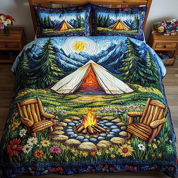 Adventure Spirit quilted 3-piece bedding set on a made bed in a winter-styled bedroom