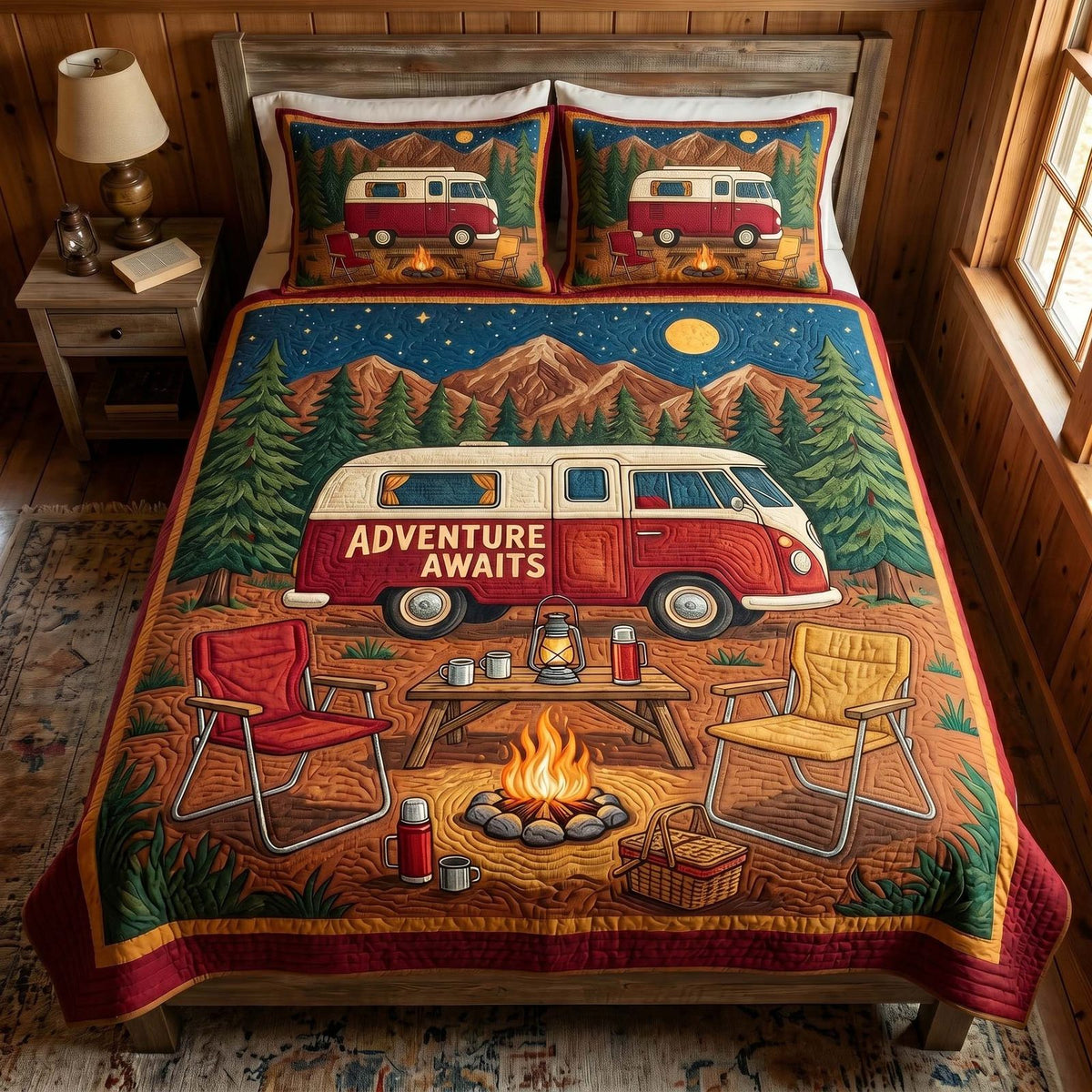 Adventure Stay quilted 3-piece bedding set on a made bed in a winter-styled bedroom