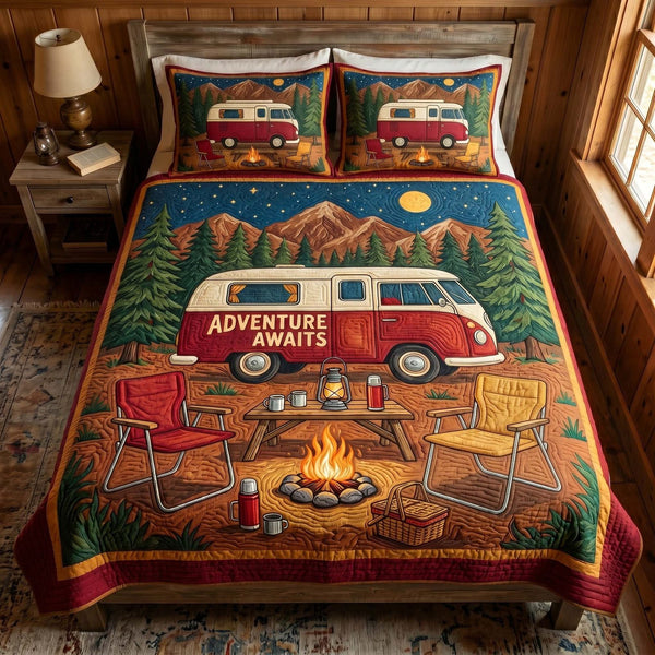 Adventure Stay quilted 3-piece bedding set on a made bed in a winter-styled bedroom