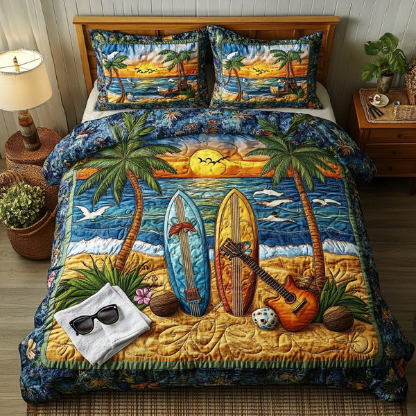 Adventure Surfboard quilted 3-piece bedding set on a made bed in a winter-styled bedroom