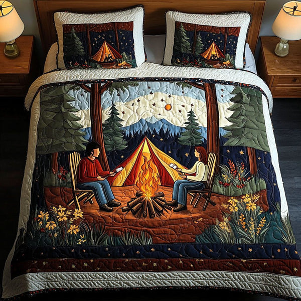 Adventure Together quilted 3-piece bedding set on a made bed in a winter-styled bedroom