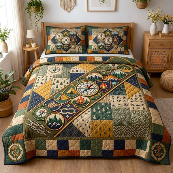 Adventure Troop quilted 3-piece bedding set on a made bed in a winter-styled bedroom
