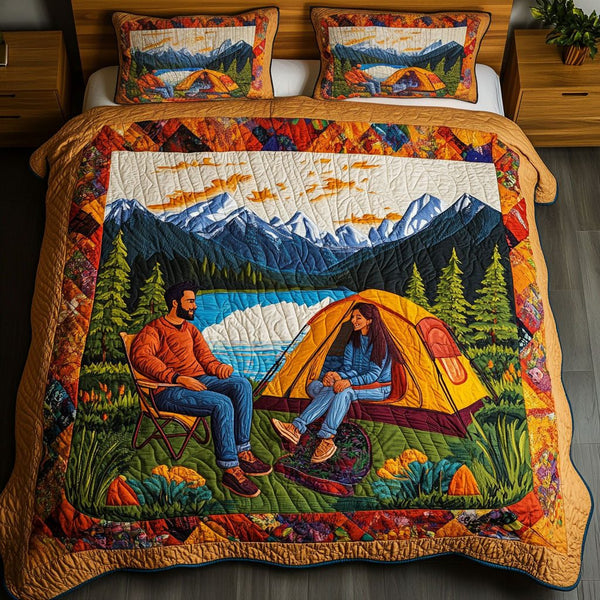 Adventurous Hearts quilted 3-piece bedding set on a made bed in a winter-styled bedroom