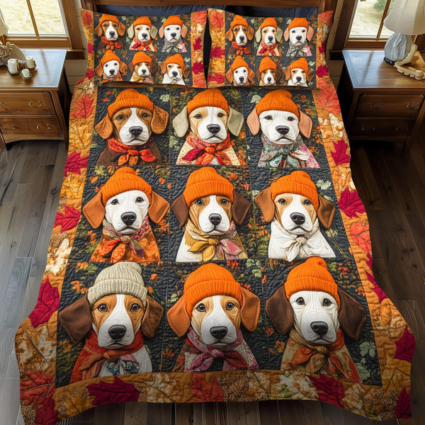 Affectionate Beagles quilted 3-piece bedding set on a made bed with two matching pillow shams