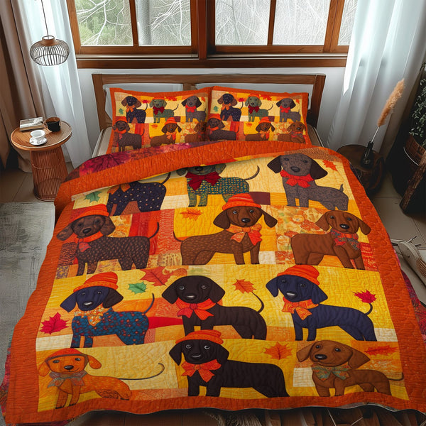 Affectionate Dachshunds quilted 3-piece bedding set on a made bed with two matching pillow shams