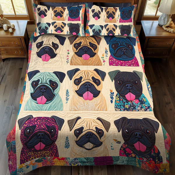 Affectionate Pugs quilted 3-piece bedding set on a made bed with two matching pillow shams