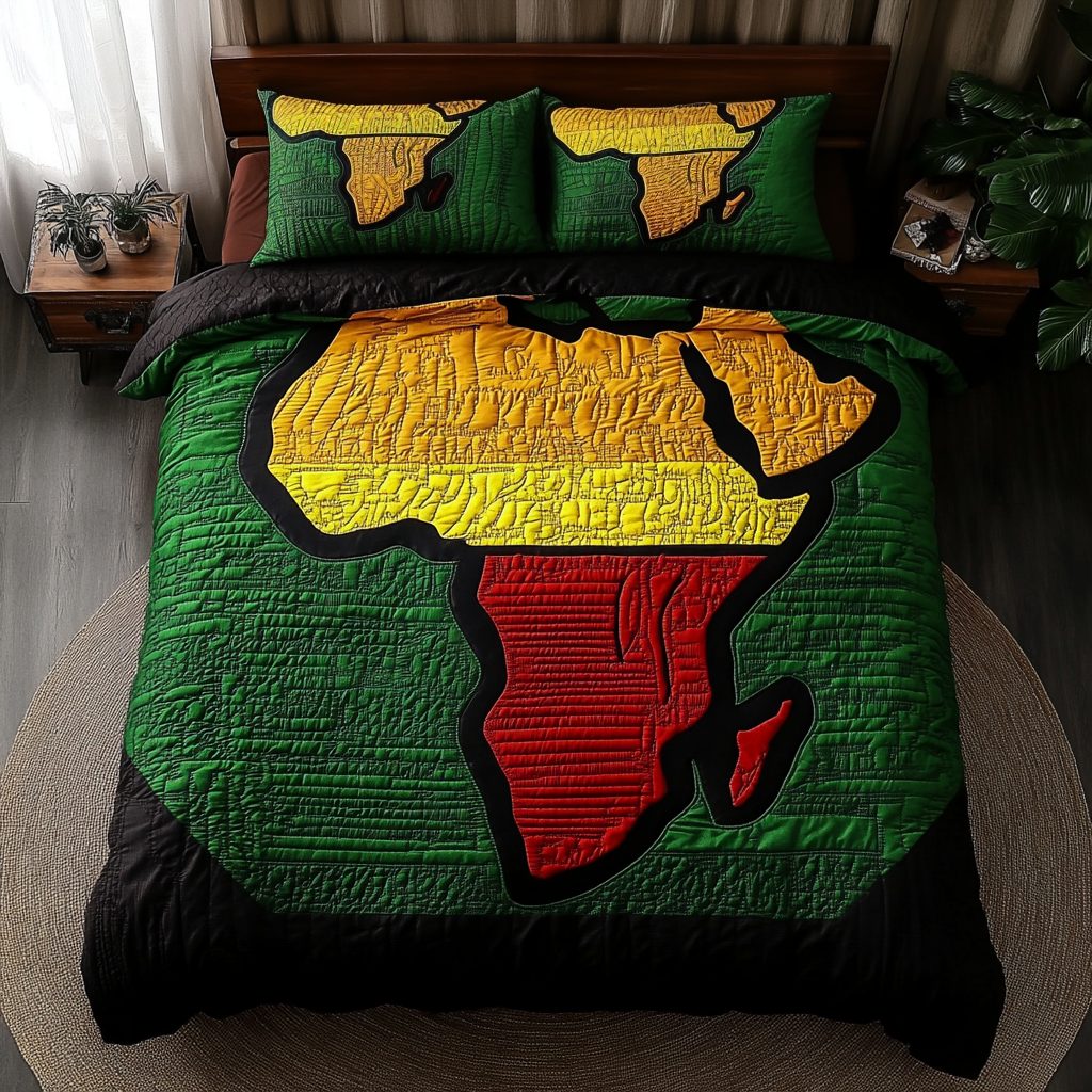 Africa Adventure quilted 3-piece bedding set on a made bed in a winter-styled bedroom