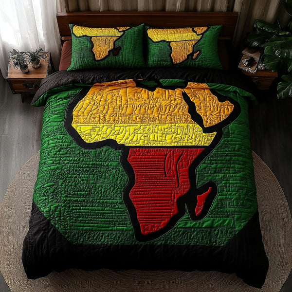 Africa Adventure quilted 3-piece bedding set on a made bed in a winter-styled bedroom