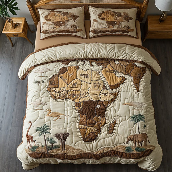 Africa Glow quilted 3-piece bedding set on a made bed with two matching pillow shams